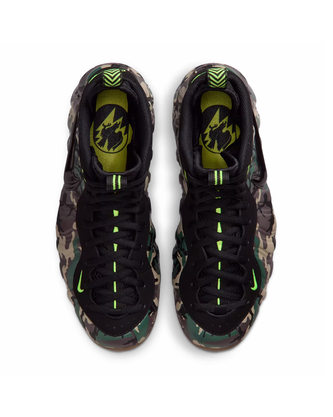Nike Air Foamposite Pro Black and Multi-Color トップビュー ペア インソールの鳥と稲妻のグラフィック